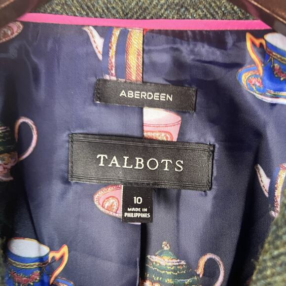 Talbots Blazer Womens 10 Green Wool Blend Gold Button Lined Aberdeen Herringbone - Picture 3 of 9